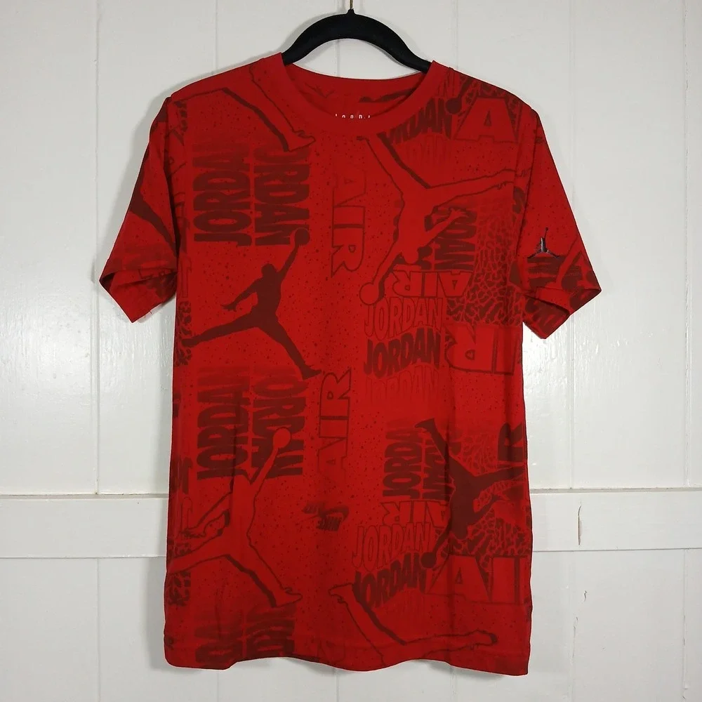 Jordan Boys Red All Over Print Jumpman Logo T-Shirt Size Large (12-13) C258-R78 - Picture 1 of 9